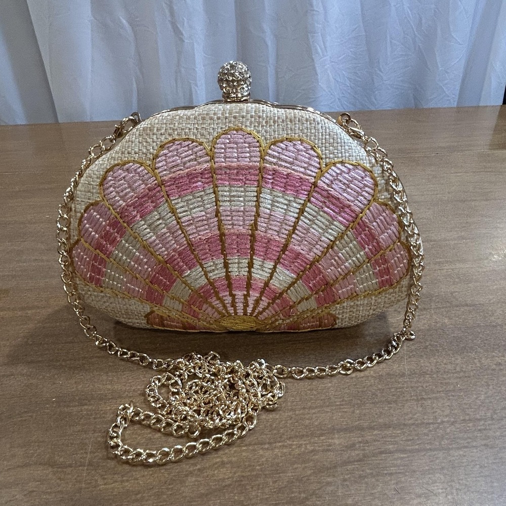 Shell Clutch Bag Womens Small Beige Straw Rhinestone Chain Evening Purse - Picture 7 of 8